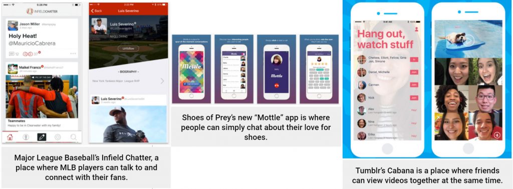 screenshots of brand app mottle cabana and MLB infield chatter