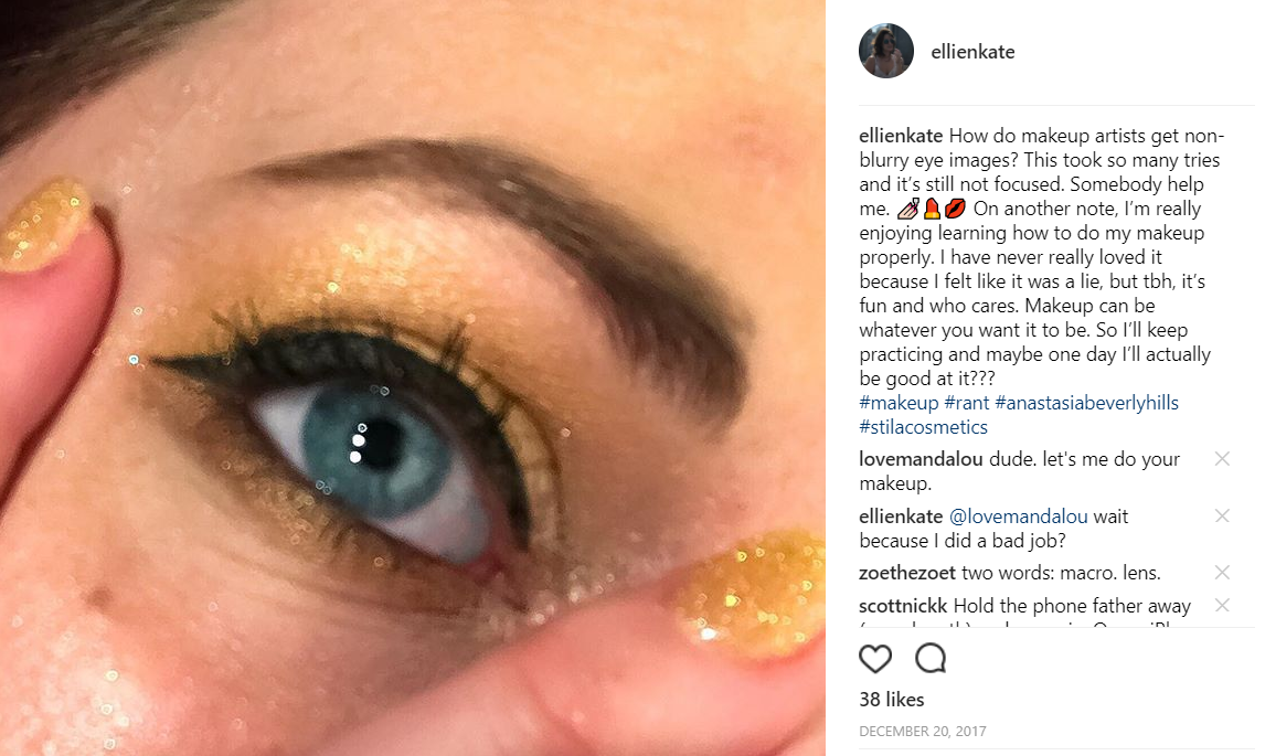 Ellie's day 3 post of a closeup of her gold eye makeup.