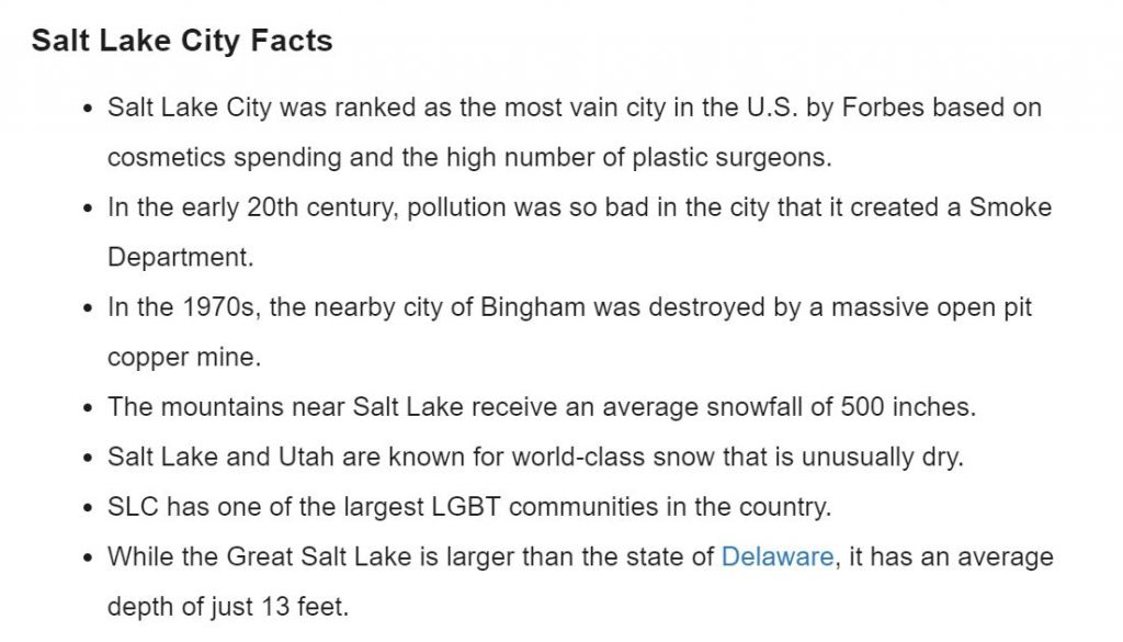 Screenshot of World Population Review with facts about Salt Lake City.