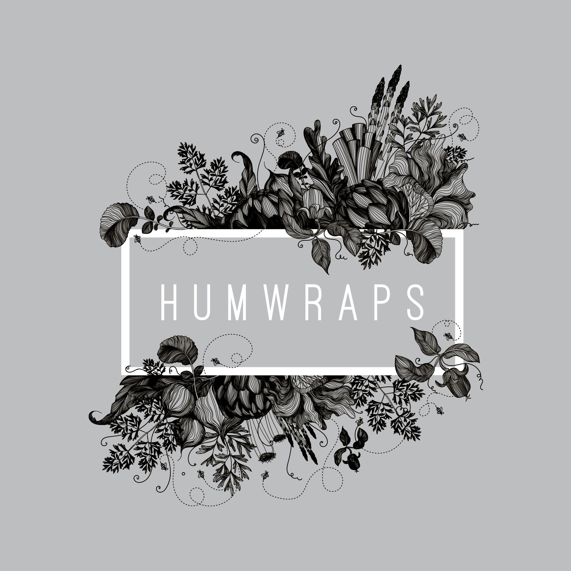 rectangle logo with the text “Humwraps” surrounded by highly detailed flora