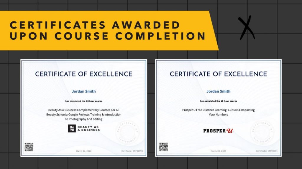 Screenshot of certificates beauty school students get.