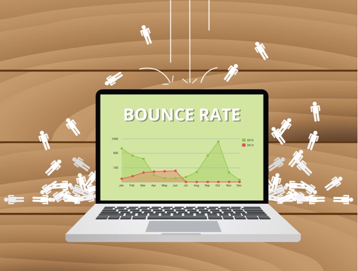 Tiny people bouncing off a computer that says "Bounce Rate"