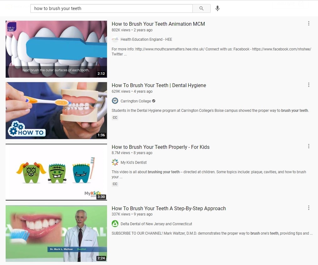 How to brush your teeth search result on YouTube.