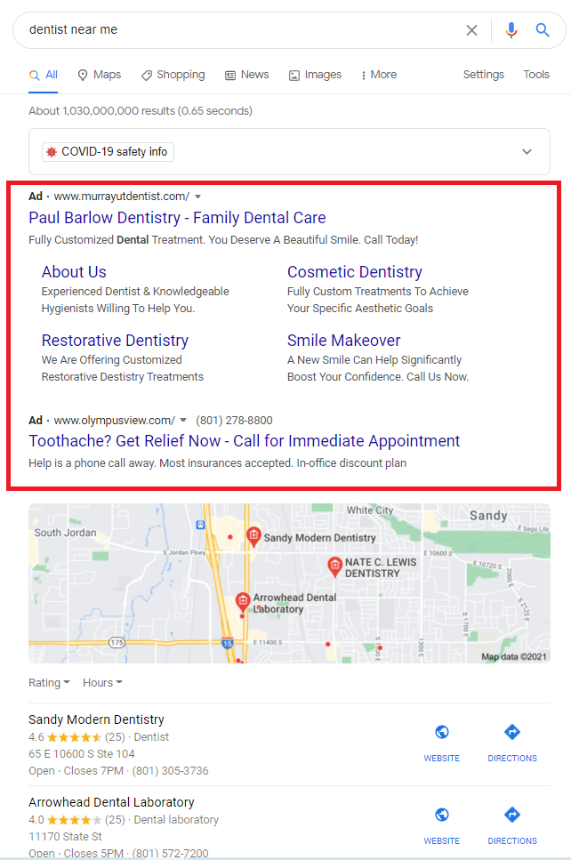 A Google search results page with dentist ads