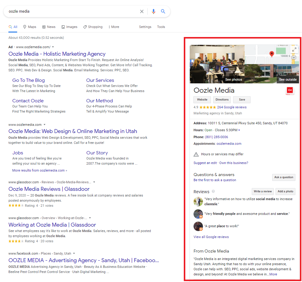 A Google SERP with the Google My Business panel highlighted