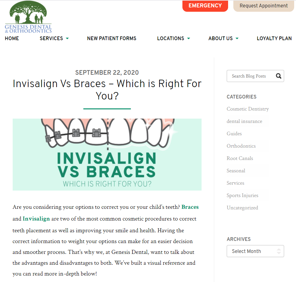 Screenshot of a dental blog.