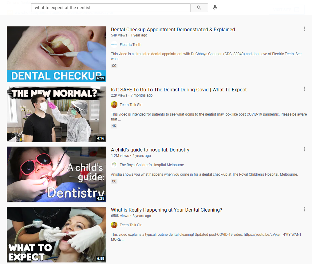 Screenshot of dental videos on YouTube