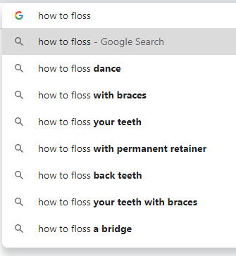 Example of Google Auto-fill for dental topics.