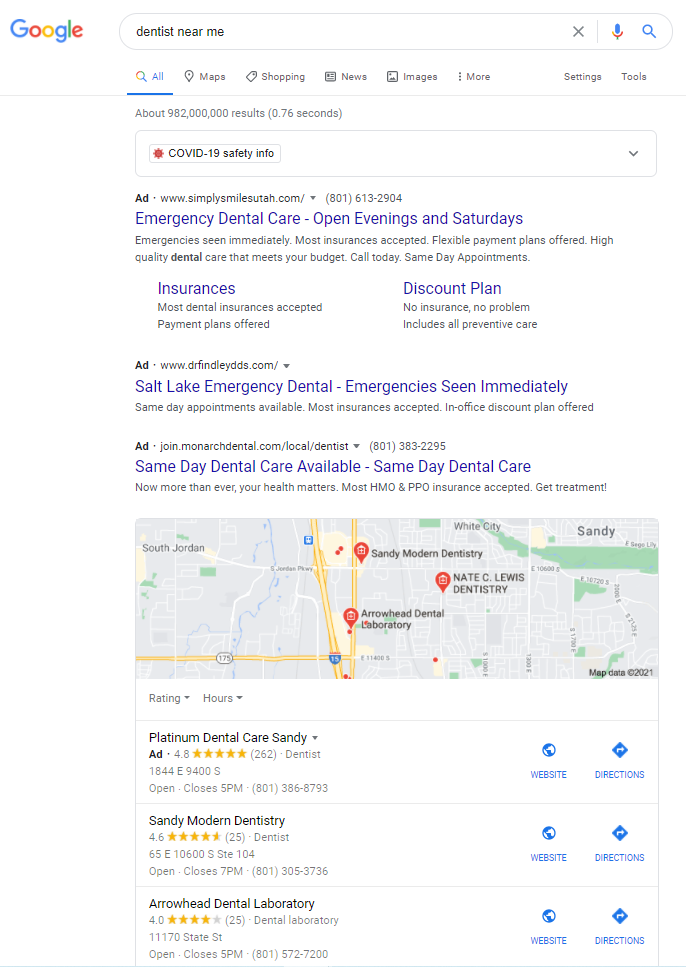 Search engine results page for "Dentist Near Me"