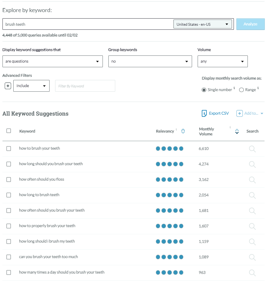 Moz keyword explorer showing search volume for terms like "how to brush your teeth"