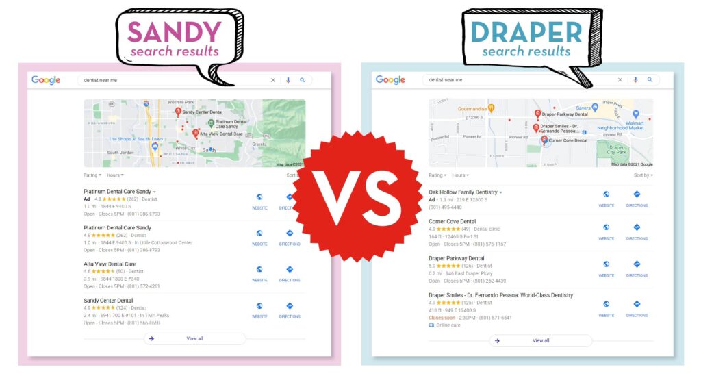 Sandy search results vs. Draper search results