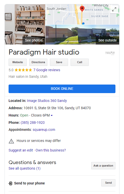 Example of a Google My Business profile with "Book Online" button.