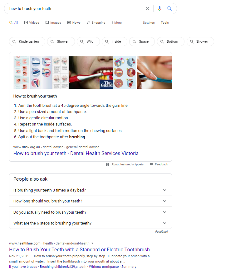 Example of a search engine results page for how to brush your teeth