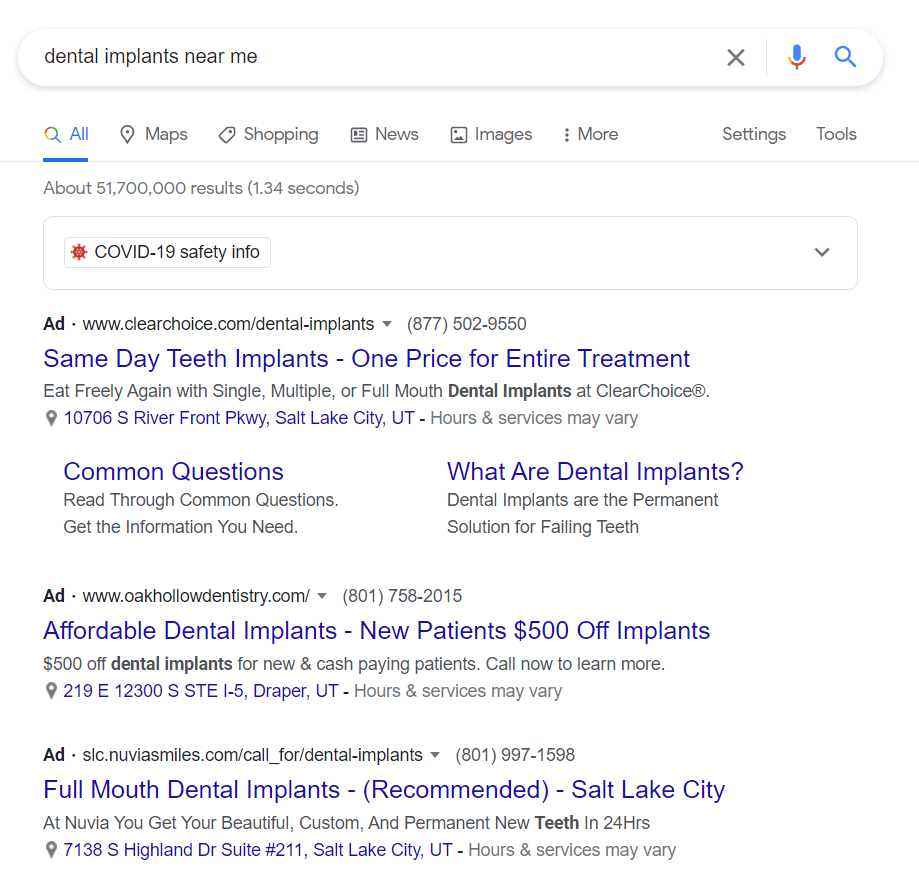 Dental implants near me search result