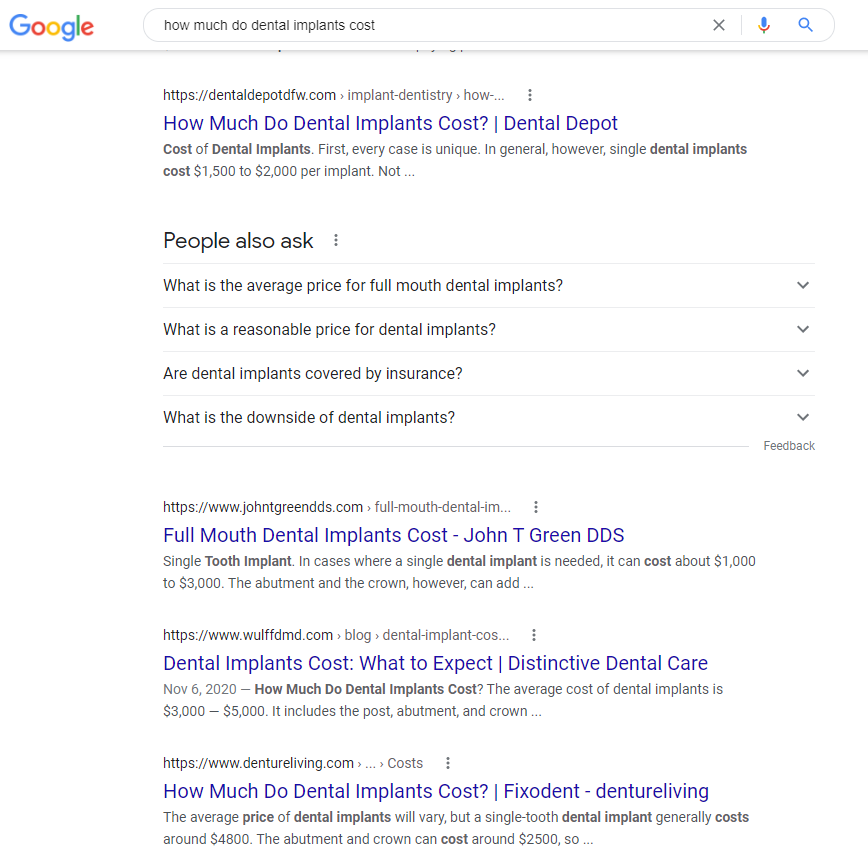Example of a SERP for the cost of dental implants