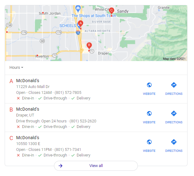 Example of a SERP for McDonalds