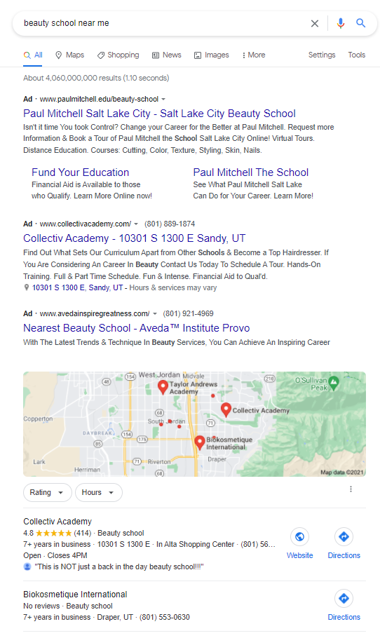 Example of beauty school SERP.