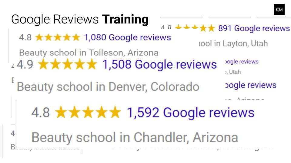 Example of number of reviews and star ratings for beauty schools